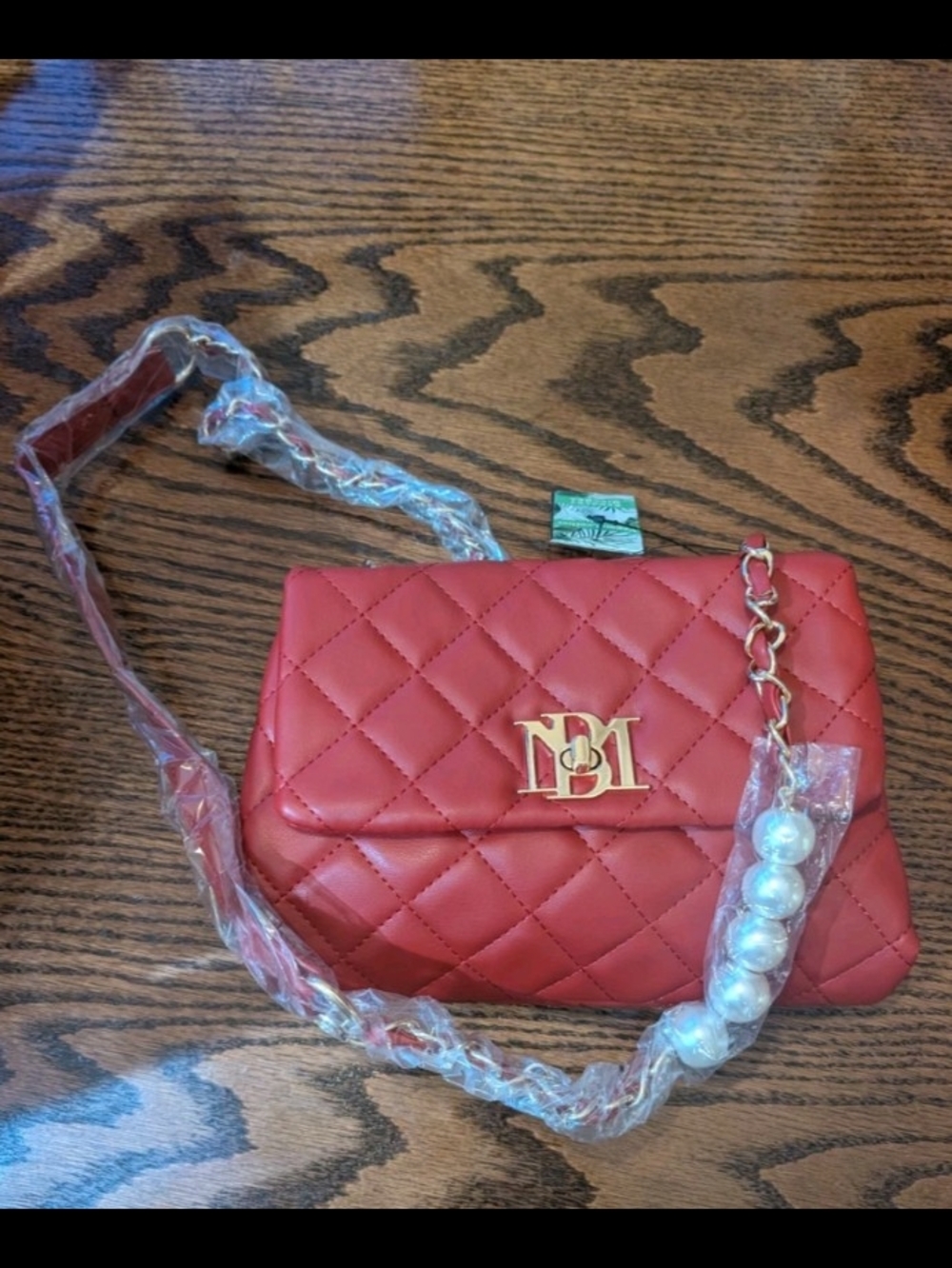 Badgley Mischka Diamond Quilted Crossbody Purse Red Bag Gold Studs Chain Strap